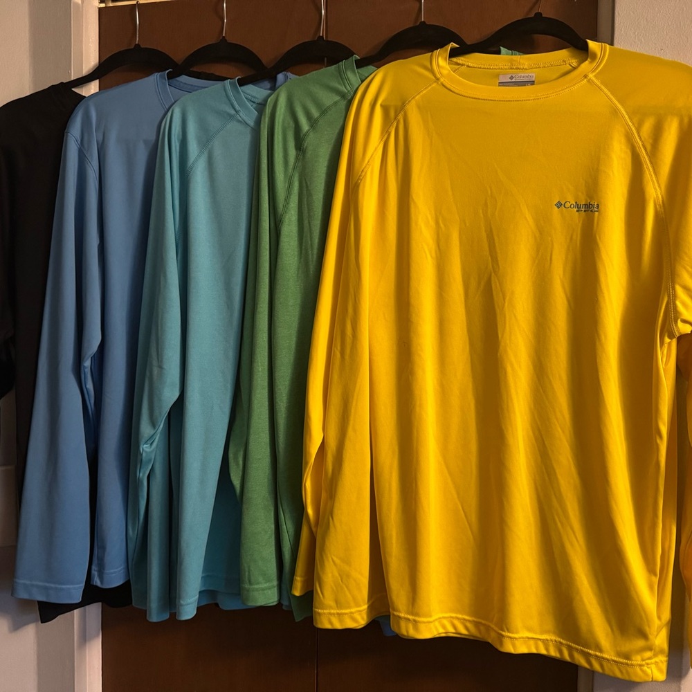 LOT 5 Columbia PFG Terminal Tackle Large Long Sleeved - Black/Blue/Green/Yellow